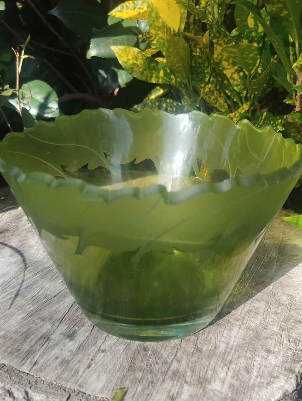 Green Leaf-Edged Frosted Glass Vintage Decorative Bowl